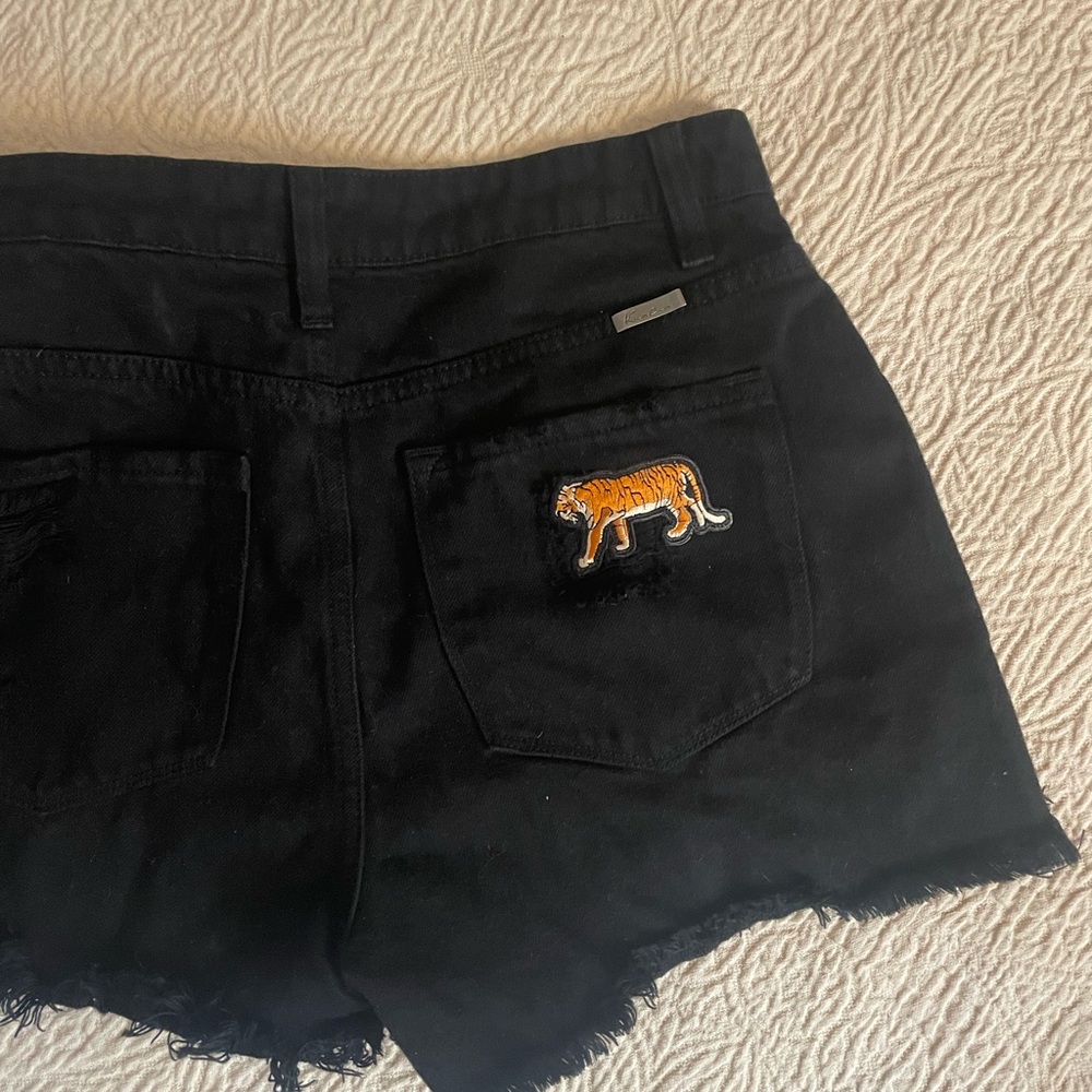 Black Denim Shorts with Tiger Patch